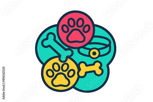 Collection of brightly colored icons representing common pet care accessories and supplies