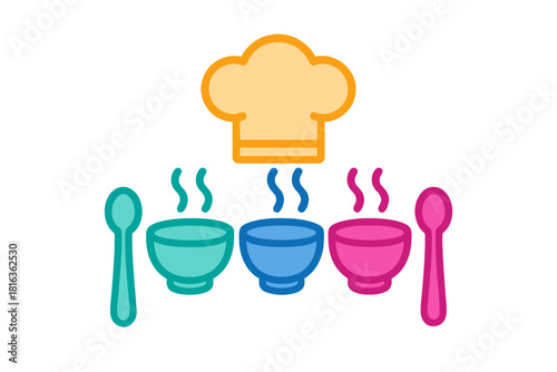 Professional chef's hat hovering over colorful bowls of hot prepared food