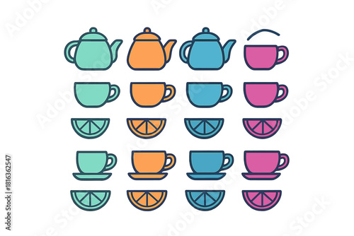 Brightly colored seamless pattern of teapots, teacups, and citrus fruit slices