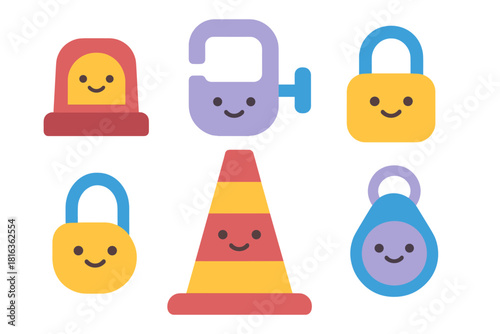 Cute security and safety icons featuring smiling padlocks traffic cone and alarm light