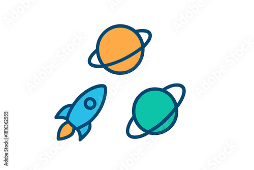 Launching rocket icon with two distant ringed planets representing space exploration