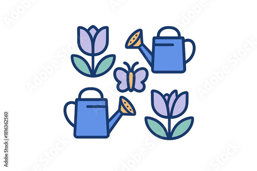 Colorful spring gardening symbols: tulips, watering cans, and a butterfly
