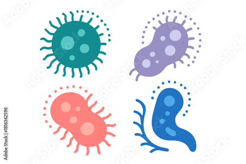 Colorful stylized set of four microorganisms including bacteria, viruses, and germs