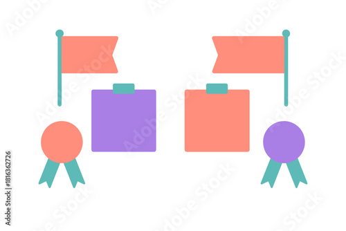 Minimalist graphic showing two distinct goals or comparison points with flags and awards
