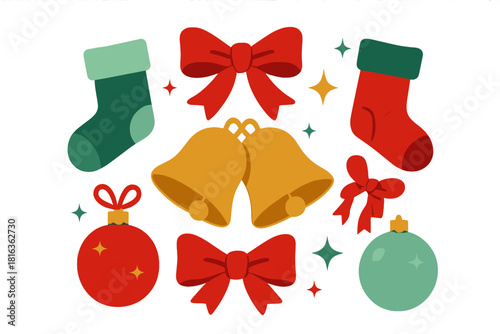 Festive Christmas holiday elements including golden bells, red bows, stockings, and colorful ornaments