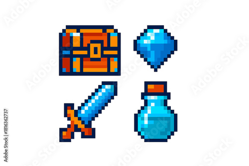 Locked treasure chest, sharp sword, valuable blue gem, and potion bottle icons for fantasy game