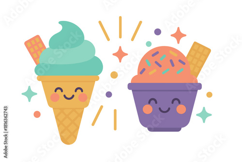 Cheerful frozen desserts featuring a smiling ice cream cone and a happy sundae cup with sprinkles and wafers
