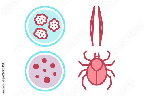 Medical icons featuring tick parasite, removal tool, and petri dishes with microbial cultures
