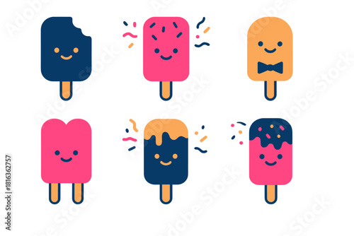 Six cute smiling frozen dessert popsicles collection with various flavors and decorations