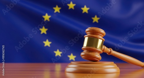 Wooden gavel on desk with european union flag in background symbolizing eu law and justice.