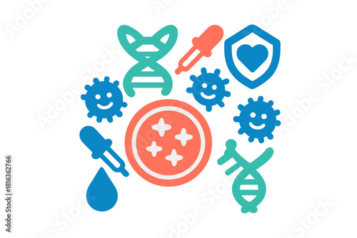 Scientific research and medical symbols featuring DNA, viruses, petri dish, and health protection