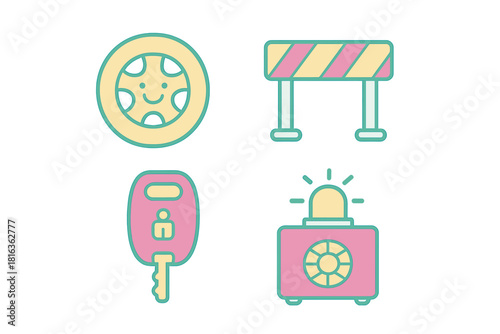Transportation and safety icons set featuring a car wheel, road barrier, key fob, and alarm light
