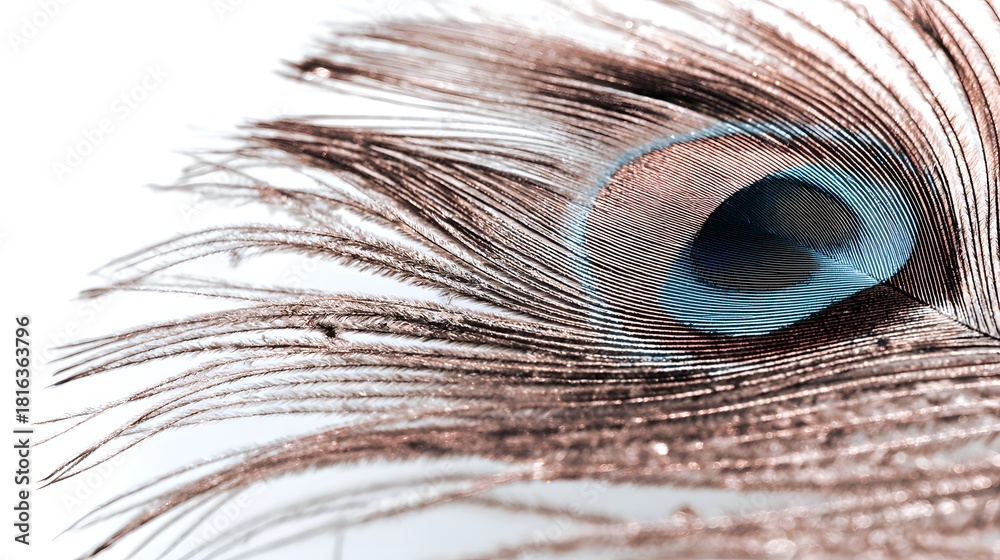 Obraz premium Macro close up of a vibrant peacock feather eye on a white background.