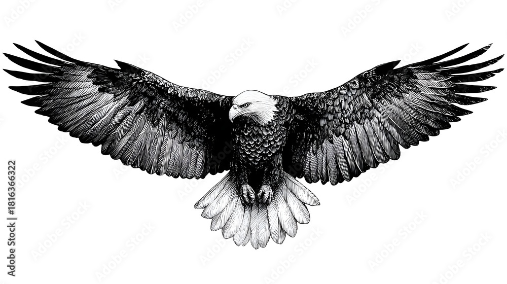 Obraz premium Majestic Bald Eagle Spreading Its Wings in Flight Illustration.