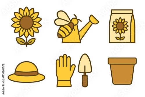 Set of essential gardening tools, equipment, and nature elements including a sunflower and bee