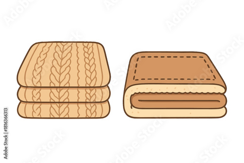 Cozy stack of beige cable knit blankets beside a folded brown quilted throw blanket