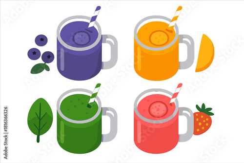 Four colorful fruit and vegetable smoothies in glass mugs with straws and fresh ingredients