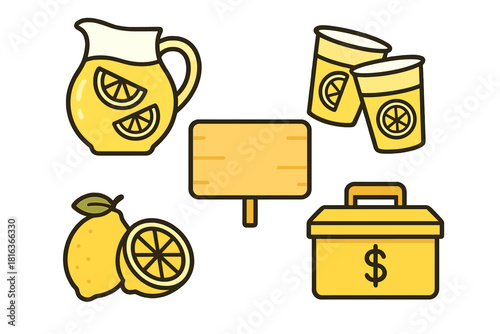Collection of icons for a summer lemonade stand business including pitcher and lemons