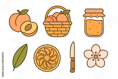 Fresh peaches, woven basket, fruit jam jar, baked pie, leaf, knife, and blossom elements