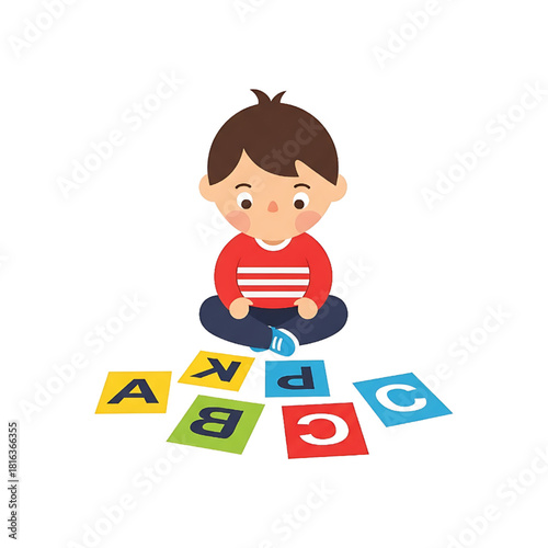Cartoon Boy Learning Alphabet with Colorful Letter Cards