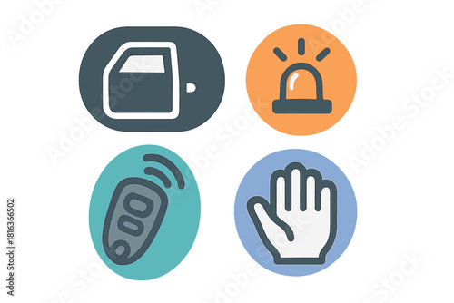 Automotive security and access control symbols including door lock, alarm, remote key, and hand sensor
