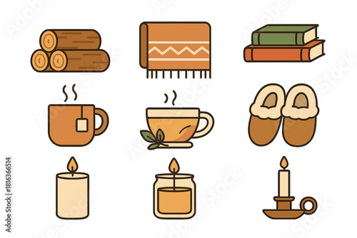 Cozy home comfort icons collection featuring logs, blanket, books, hot drinks, slippers, and candles