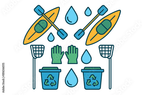 Kayaks, paddles, gloves, nets, and recycling bins for aquatic environment cleanup