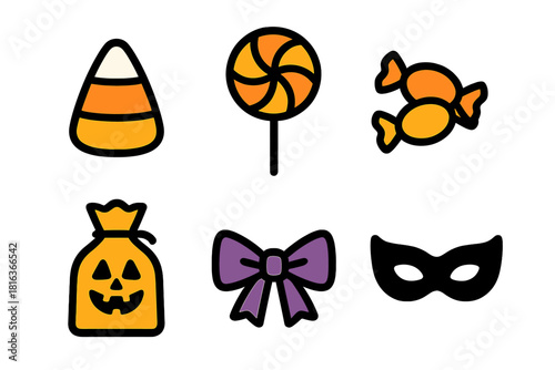 Set of Halloween icons featuring candy corn, lollipop, treat bag, and masquerade mask