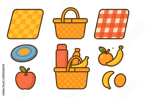 Outdoor picnic elements set featuring woven baskets, checkered mats, fresh fruit, and recreational gear