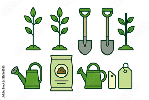 Collection of essential gardening tools and planting elements including sprouts, shovels, and fertilizer