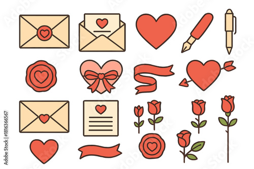 Collection of romantic symbols including hearts, roses, letters, envelopes, and writing tools