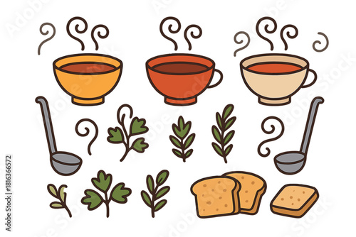Doodle style set of hot soup, kitchen utensils, aromatic herbs, and toasted bread elements
