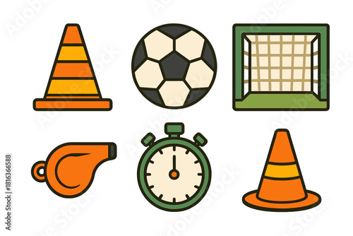 Soccer training equipment set with ball, goal, whistle, stopwatch, and cones