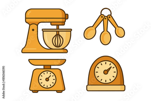 Essential baking equipment collection featuring stand mixer, kitchen scale, timer, and measuring spoons