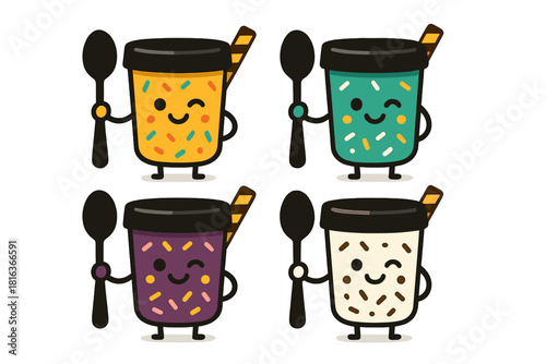 Four colorful cartoon dessert cups with sprinkles holding spoons and winking or smiling faces
