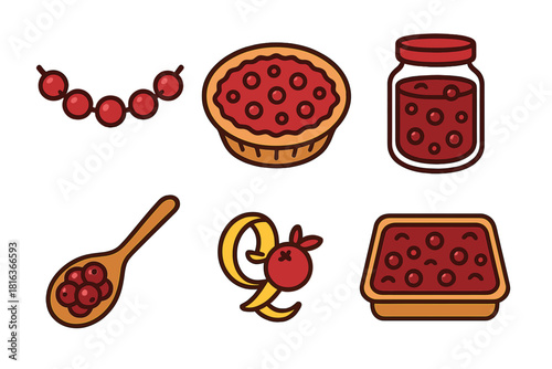 Cranberry desserts and ingredients set including pie, jam, fresh berries, and sauce