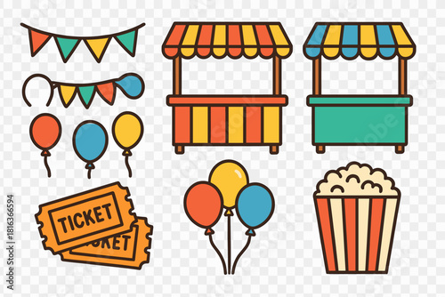 Colorful collection of carnival and fairground elements including food stalls, tickets, balloons, and decorative bunting