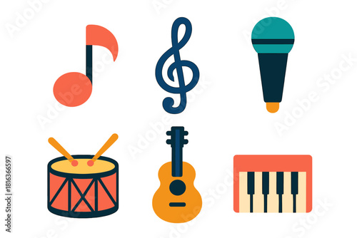 Colorful flat icons set featuring musical instruments and symbols like treble clef, microphone, drum, guitar, and keyboard