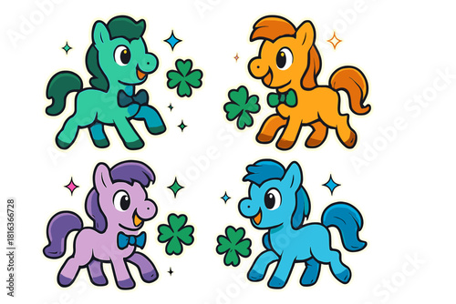 Four colorful cartoon ponies wearing bow ties surrounded by lucky shamrocks and sparkling stars
