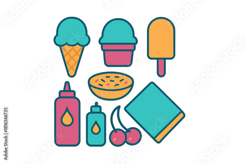 Collection of colorful summer dessert and condiment icons in a modern flat graphic style