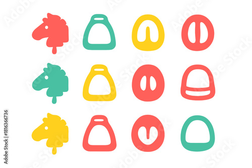 Simple graphic symbols of horse heads and stirrup shapes in bright colors