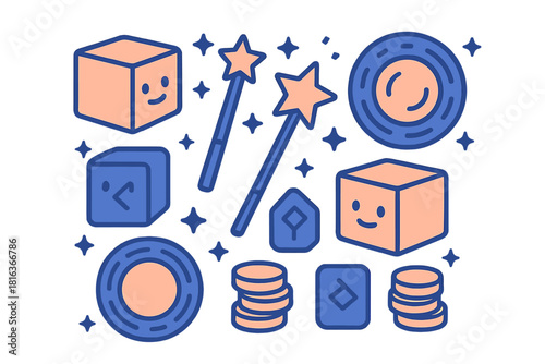 Cute fantasy game elements set featuring dice, magic wands, gold coins, and mystical rune stones