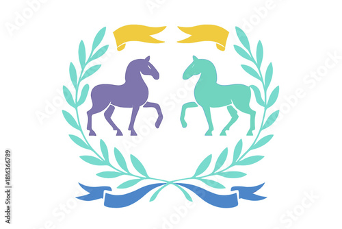 Symmetrical heraldic emblem featuring two stylized horses framed by a laurel wreath and decorative ribbons