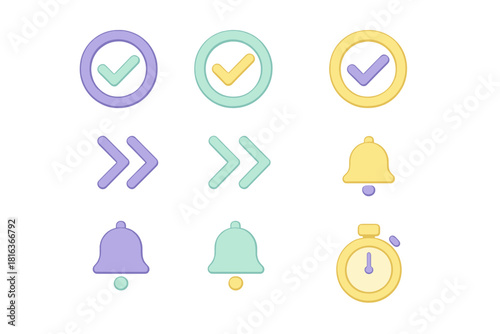 Soft pastel user interface icons set featuring checkmarks arrows bells and stopwatch timer