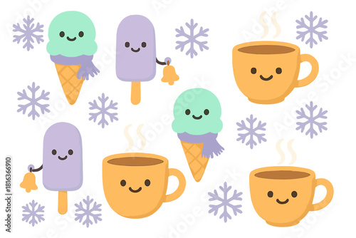 Smiling ice cream, popsicles, and coffee mugs surrounded by snowflakes in a cute winter dessert design