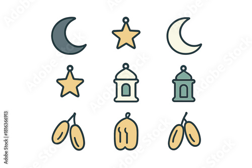Islamic religious symbols and traditional food items for Ramadan celebration