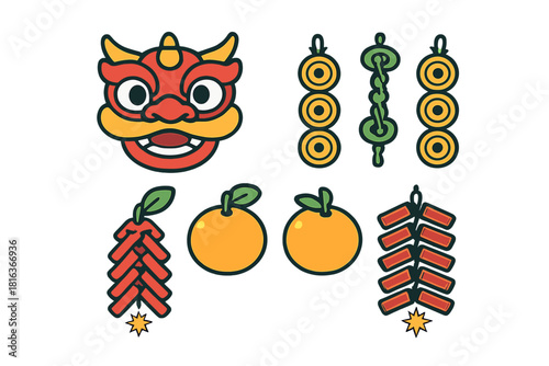 Traditional Chinese New Year symbols set featuring dragon mask, firecrackers, gold coins, and oranges
