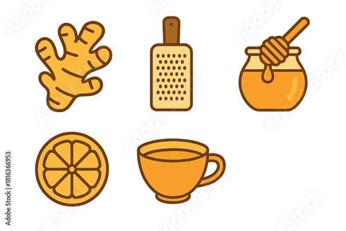 Natural ingredients collection for hot tea remedy including ginger lemon honey and grater