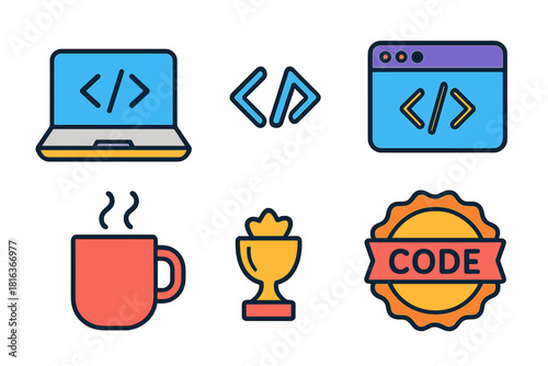 Set of colorful flat icons representing software development, programming, and coding concepts