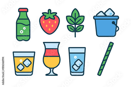 Colorful beverage and cocktail ingredients including glasses, fruit, ice, and bottle